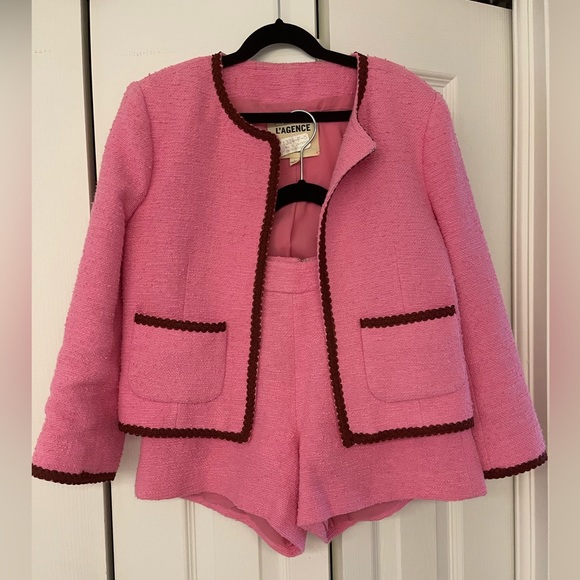 L'AGENCE 🎀 Matching Alexandria Pink Tweed Cropped Jacket & Shorts Set - Picture 9 of 17